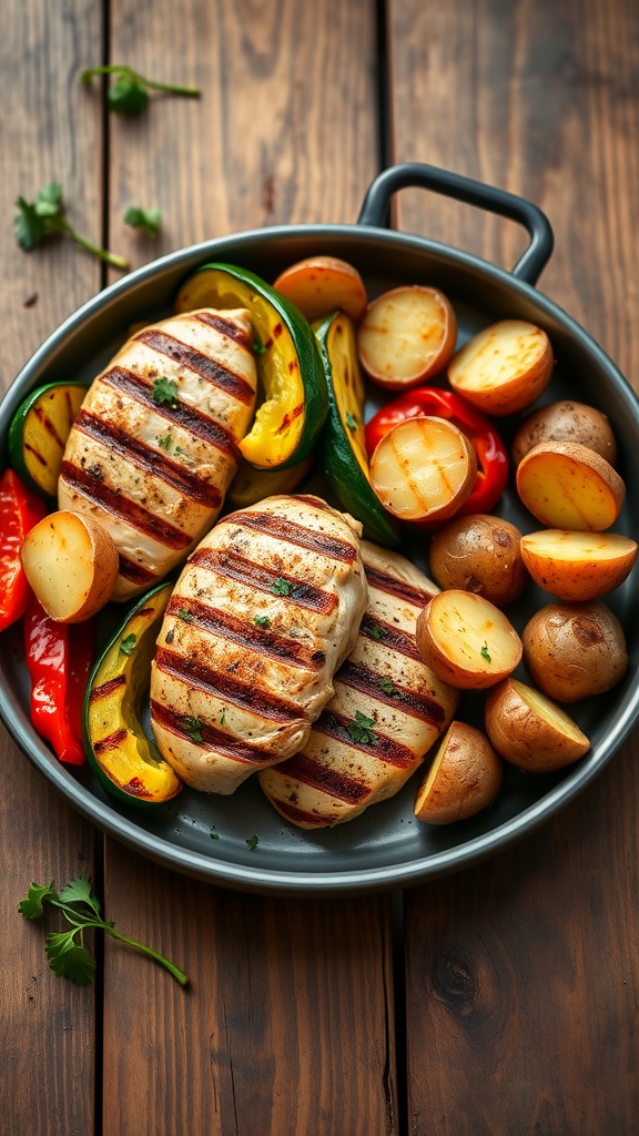 Versatile Ninja 5-in-1 Grill Recipes for Every Meal Grilled chicken with vegetables and potatoes on a plate, garnished with herbs.